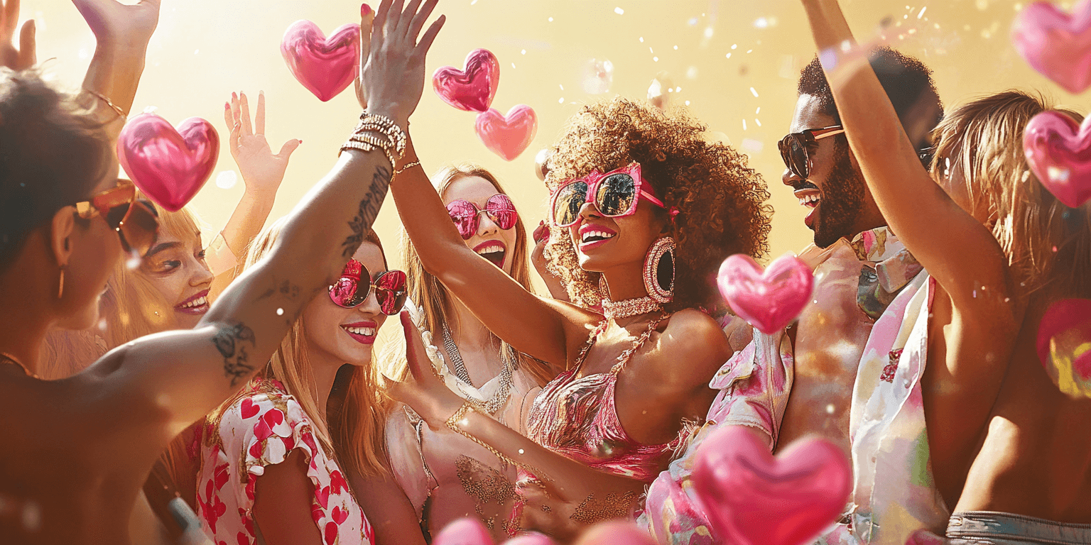 Eine Gruppe junger Menschen feiert ausgelassen auf einer Party mit goldener, warmer Beleuchtung.